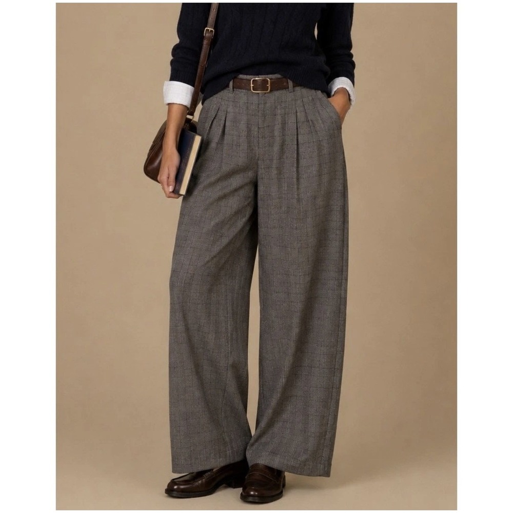 American Eagle Plaid Wide Leg Trousers Pants Size 4 Gray Academia Preppy Office